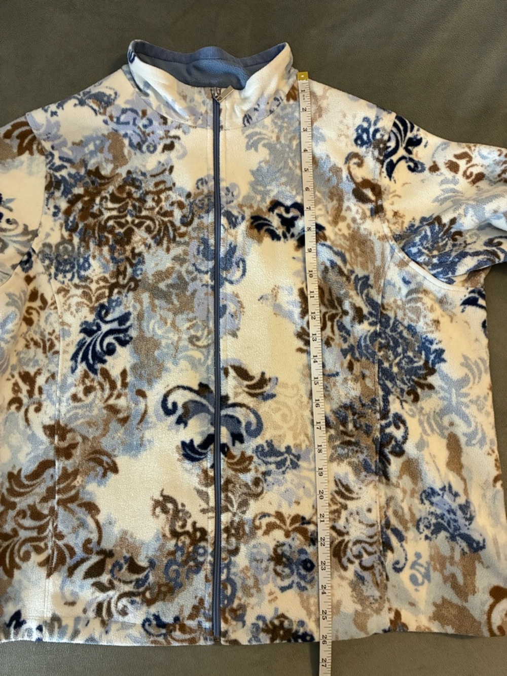 Floral Scroll Zip-Up Fleece Jacket in Cream, Blue & Brown - Picture 9 of 10